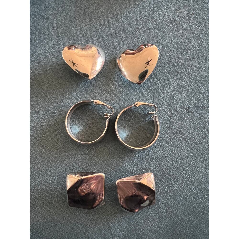 Lot of 3 Vintage Silver Tone Clip-On Earrings Heart Hoop Abstract 1980s Style